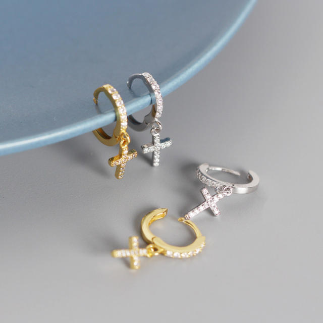 S925 cross diamond huggie earrings