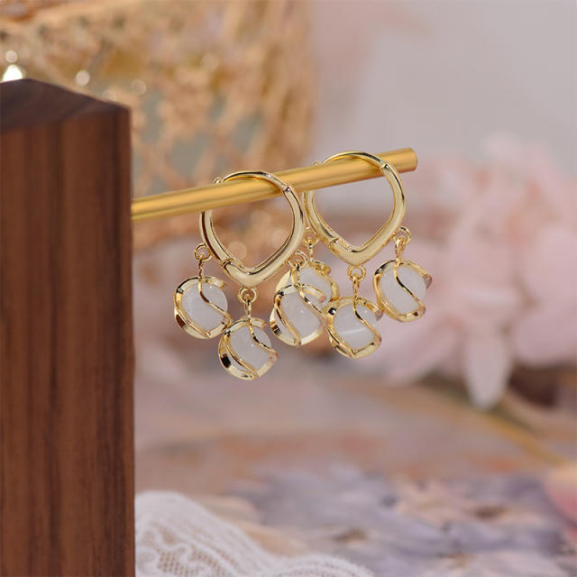 Opal stone ball huggie earrings