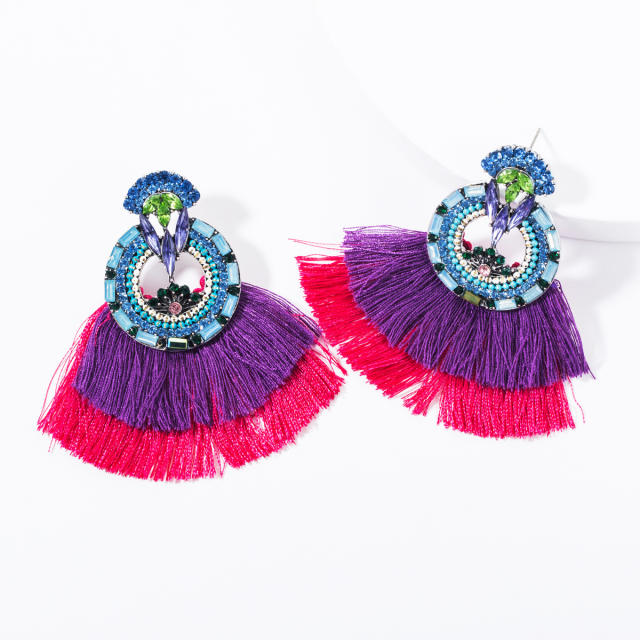 Diamond round multi-layer tassel earrings