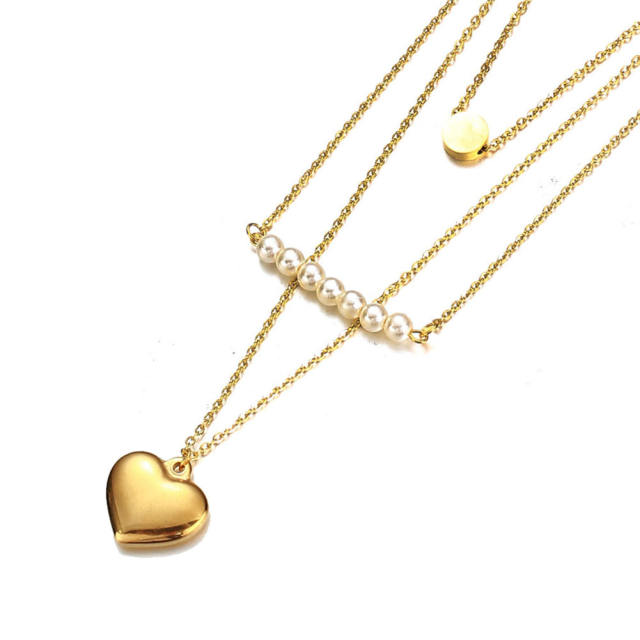 Korean fashion pearl three layer heart stainless steel necklace