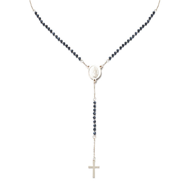 Cross black beads stainless steel necklace Rosary necklace