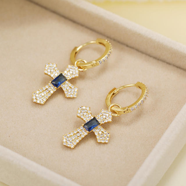 Sapphire cross diamond huggie earrings