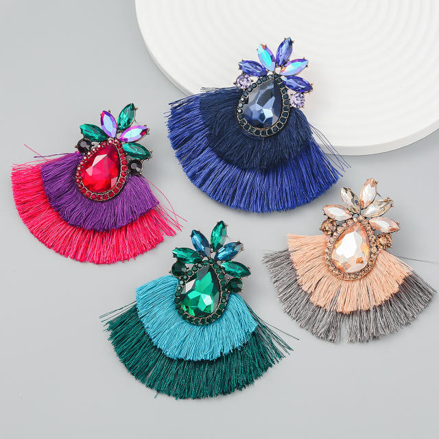 Colored crystal statement tassel earrings