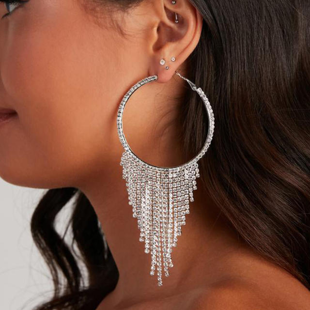 Diamond tassel hoop earrings