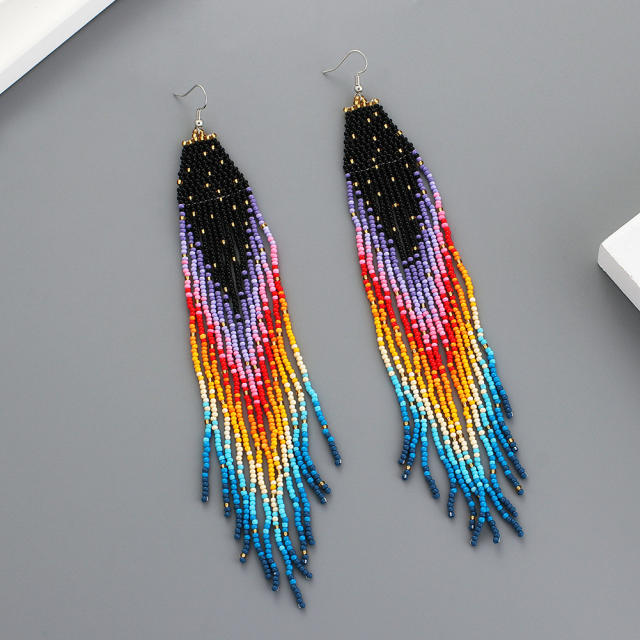 Rainbow color seed beads tassel earrings