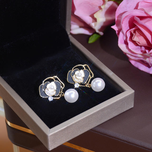 Camellia pearl drop earrings