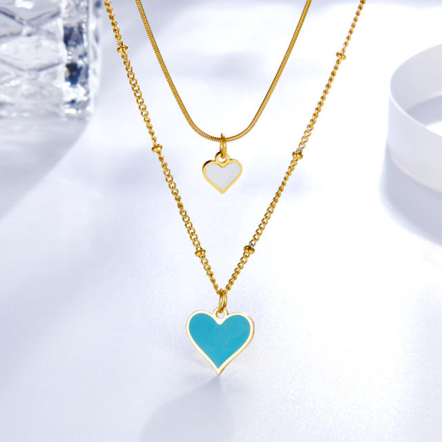 Color blue white heart layer stainless steel necklace