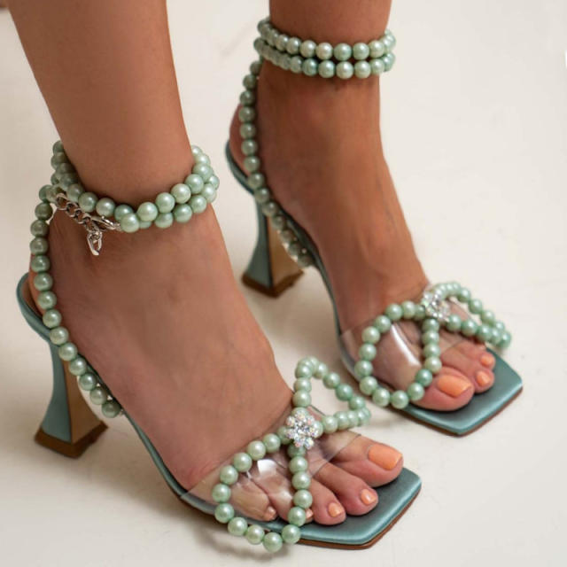 Elegant white pink blue green pearl bow heeled sandals