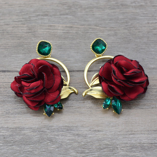 Baroque cloth rose flower dangle earrings