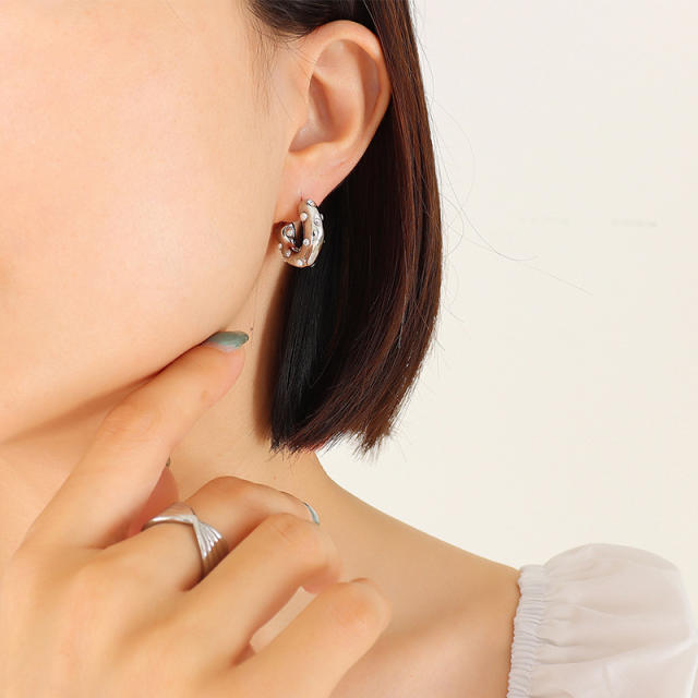 Titanium steel diamond pearl huggie earrings