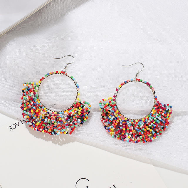 Color seed beads tassel hoop earrings