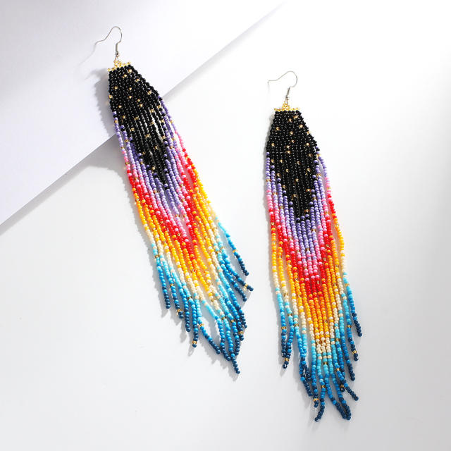 Rainbow color seed beads tassel earrings