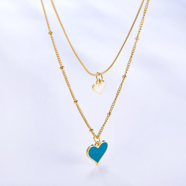 Color blue white heart layer stainless steel necklace