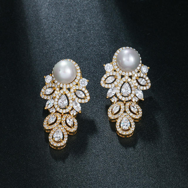 Wedding party diamond pearl earrings