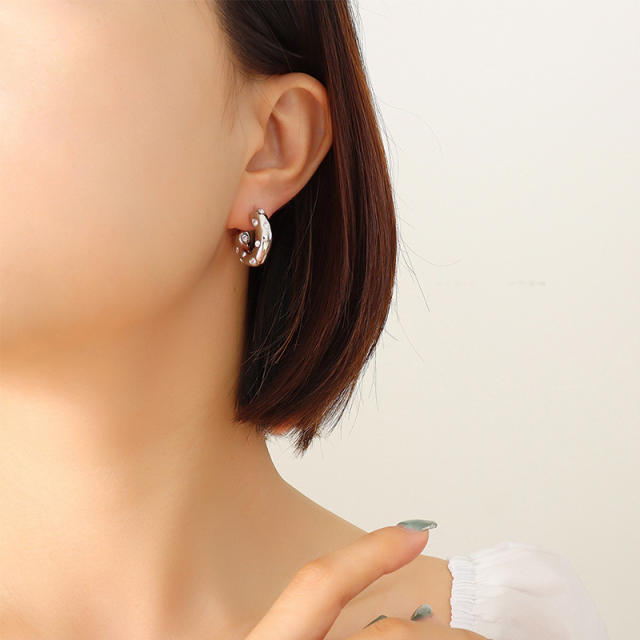 Titanium steel diamond pearl huggie earrings