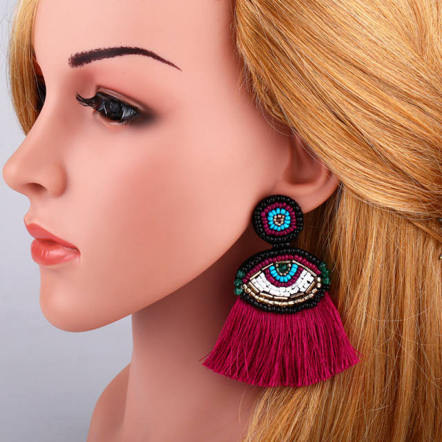 Classic bohemian Devil's Eye seed bead tassel earrings