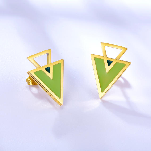 Vintage color geometric shape stainless steel ear studs