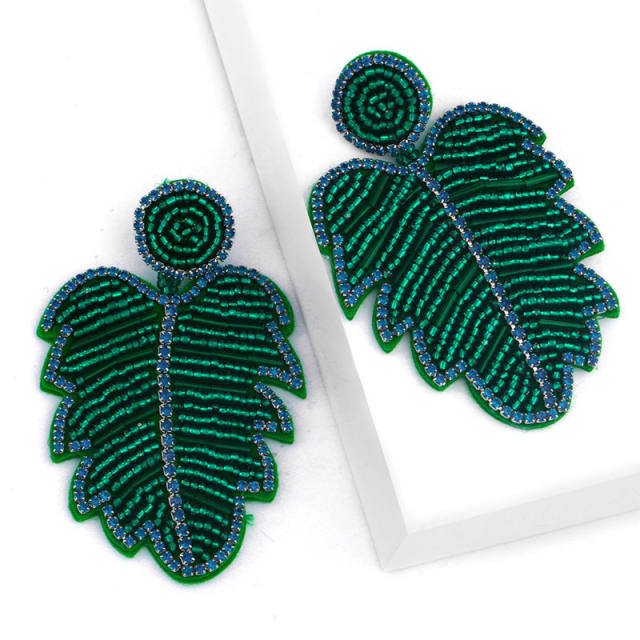 Creative bohemian leaf diamond seed bead earrings