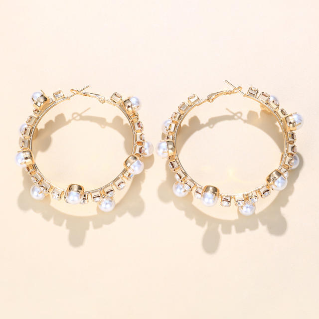 Rhinestone pearl beaded hoop earrings