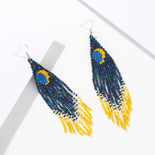 Navy blue color seed beads long tassel earrings