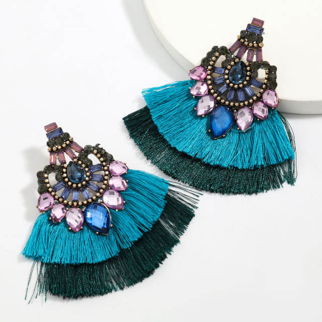 Diamond fan-shaped tassel earrings Bohemian