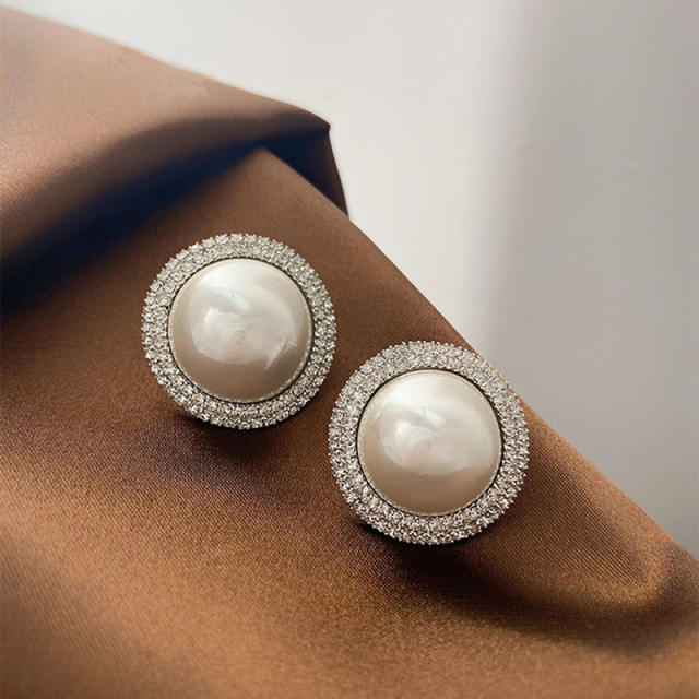 925 sterling silver needle diamond pearl ear studs