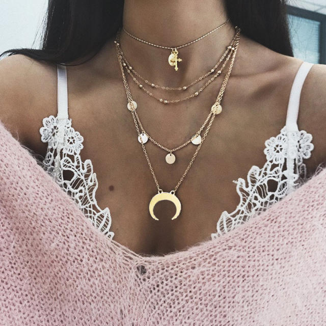 4 layer boho gliter stainless steel necklace