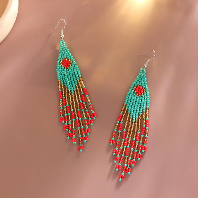 Boho seed beads long tassel earrings