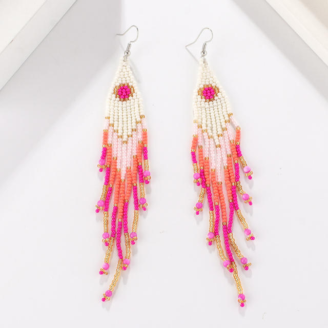 Boho color seed beads long tassel earrings