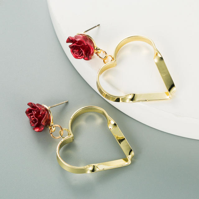 925 silver needle heart rose earrings