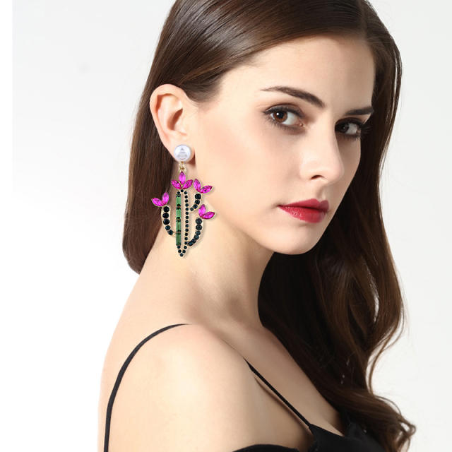 Boho rhinestone cactus dangle earrings