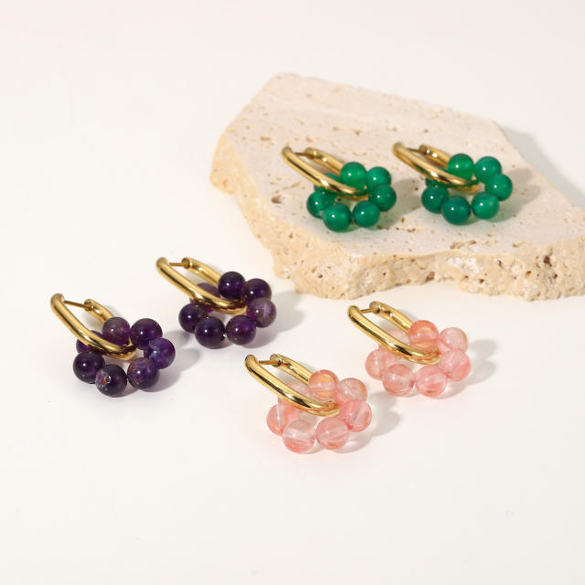 Natural stone beads 14KG stainless steel huggie earrings