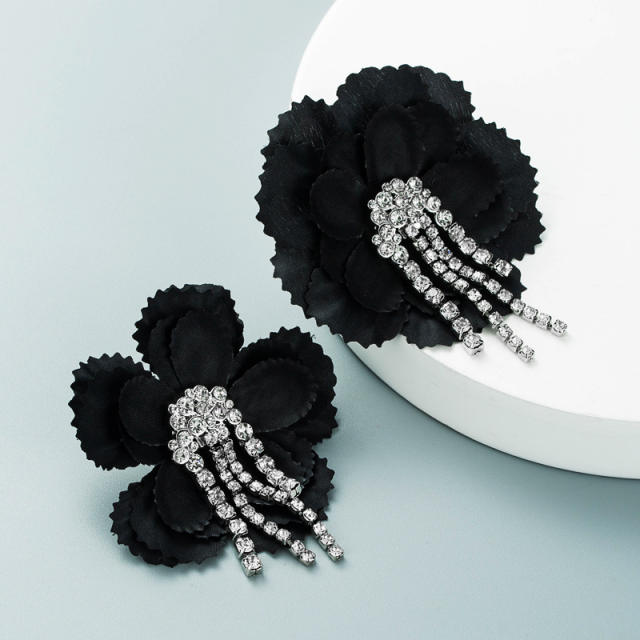 Rhinestone tassel flowers studs earrings