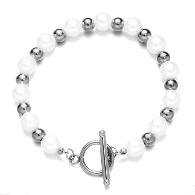 Korean fashion faux pearl beads stainless steel bracelet toggle bracelet