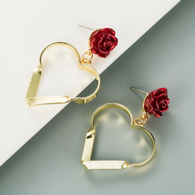 925 silver needle heart rose earrings