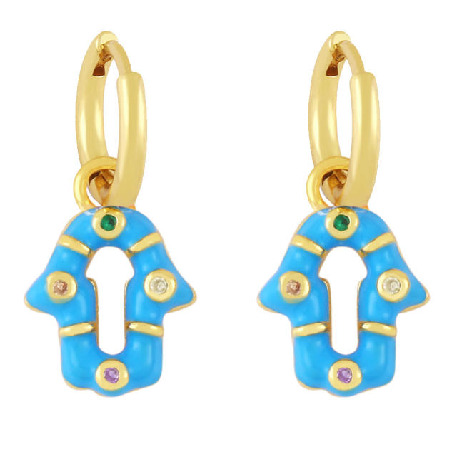 Enamel fatima hand huggie earrings