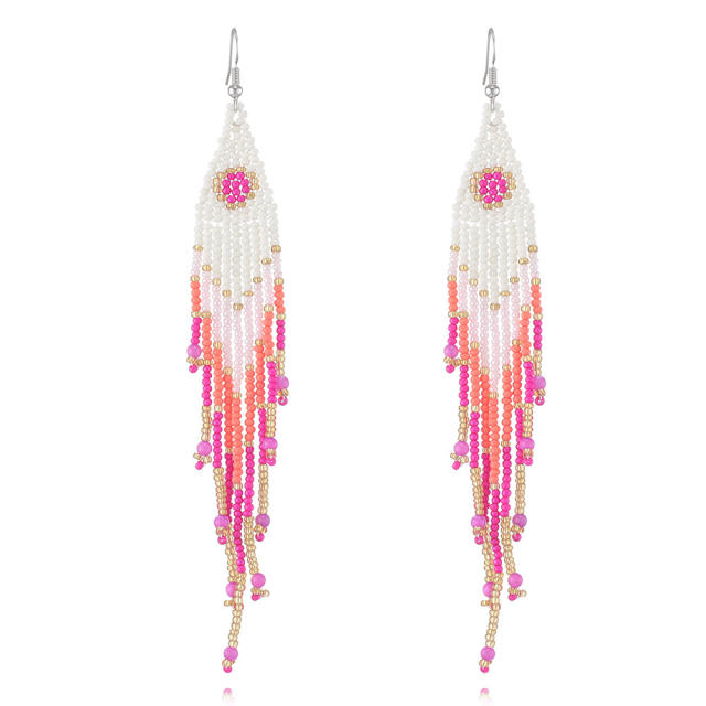 Boho color seed beads long tassel earrings