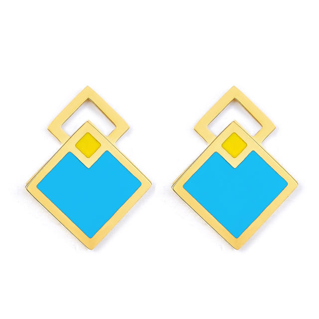 Vintage color geometric shape stainless steel ear studs