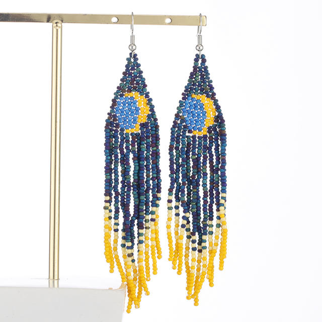 Navy blue color seed beads long tassel earrings