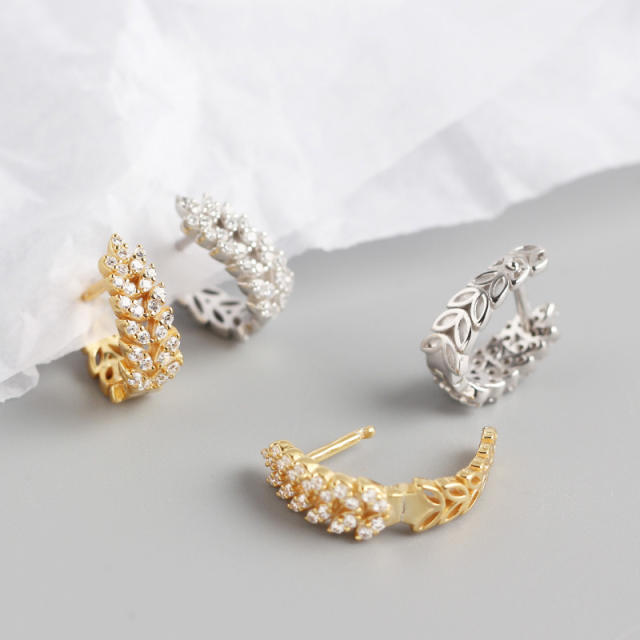 S925 leaves diamond huggie earrings