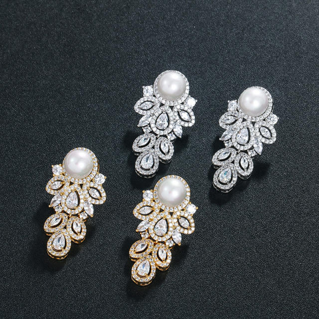 Wedding party diamond pearl earrings