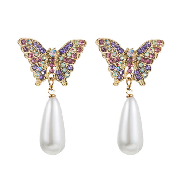 Diamond butterfly pearl drop earrings