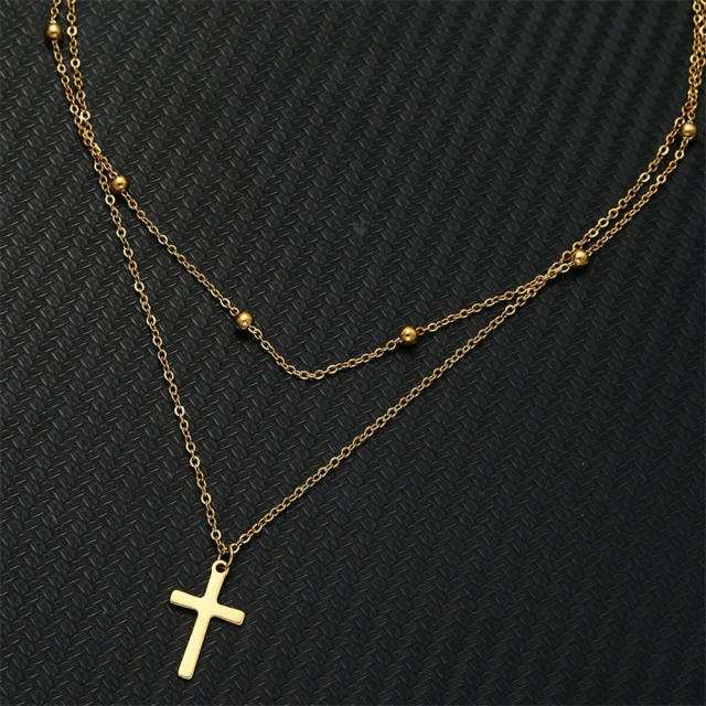Concise two layer cross dainty stainless steel necklace
