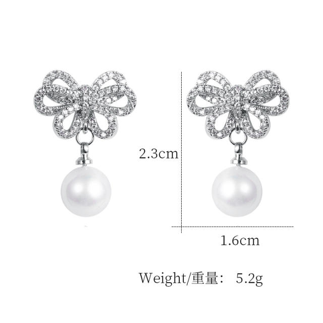 S925 needle diamond bow pearl earrings