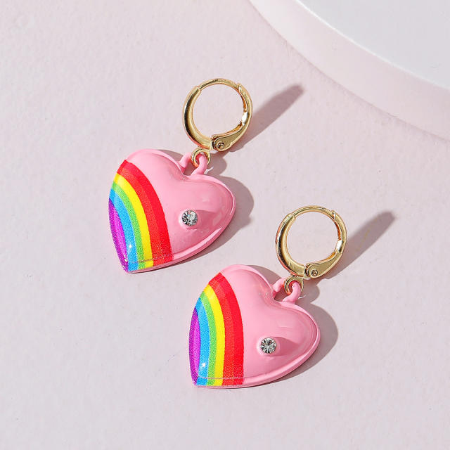 Rainbow enamel heart huggie earrings