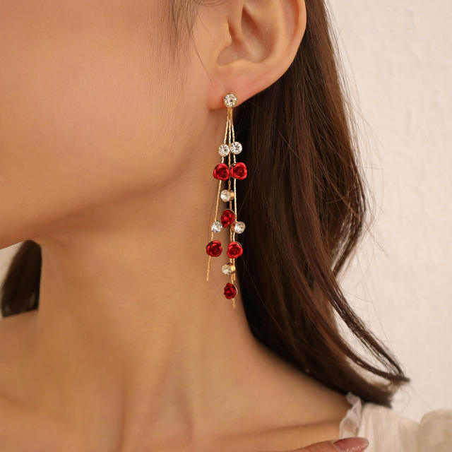 Rose flower rhinestone tassel earrings