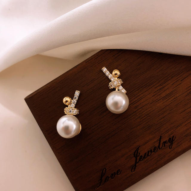 925 sterling silver needle diamond bow pearl earrings