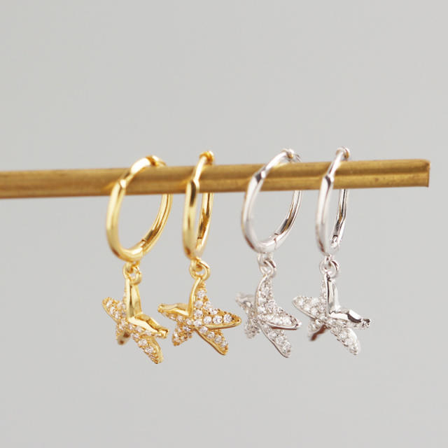 S925 starfish drop diamond huggie earrings