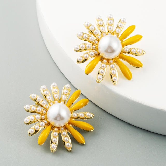 Pearl Sun flower studs earrings925 Silver Needle