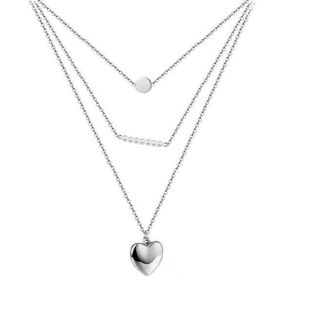 Korean fashion pearl three layer heart stainless steel necklace